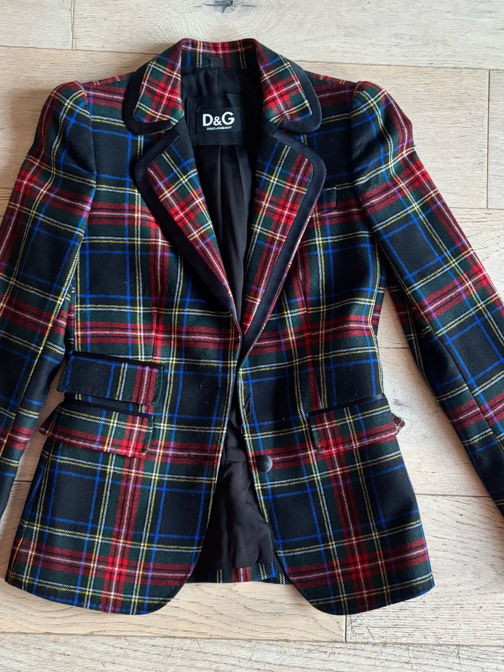 D&G Women's Plaid Blazer Jacket - Red, Black & Blue Tartan